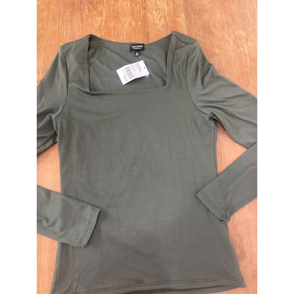 Buckle Black Shapewear Square Neck Ribbed Long Sleeve Top Thyme Green Medium NEW